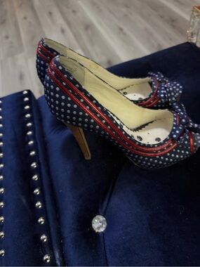 Polka Dot Navy High Heels with Red Trim